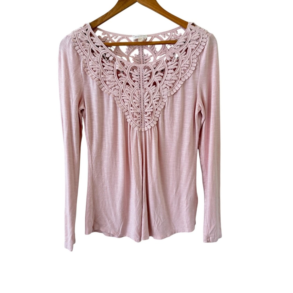 Meadow Rue Crochet Yoke Shirt Top Womens XS Pink Jersey Boho Lace Coquette
